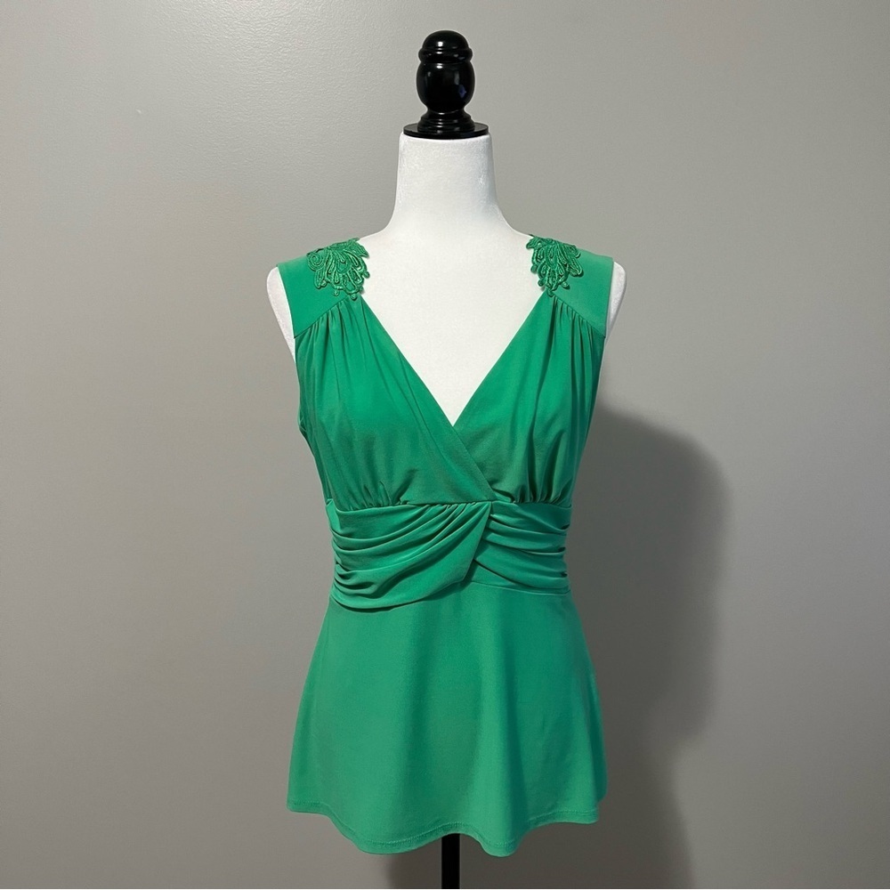 Frank Lyman V-Neck Rouched Waist Sleeveless Embroidery Accent Green Top